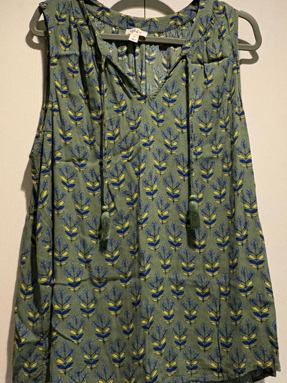 Style & Co. Olive Tank with Blue and Yellow Floral Print